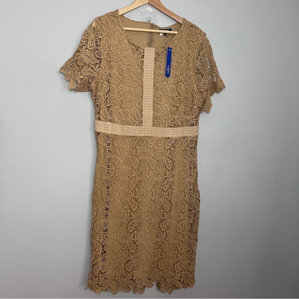 Colette Collection Floral Lace Tan Sheath Dress for Wedding Guest Size XXL NWOT